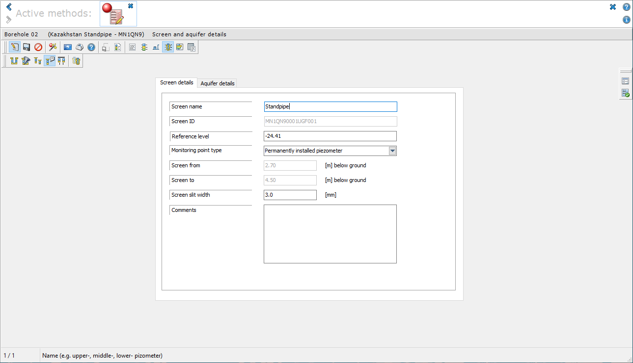 Filter and groundwater information in the screen and aquifer details mask