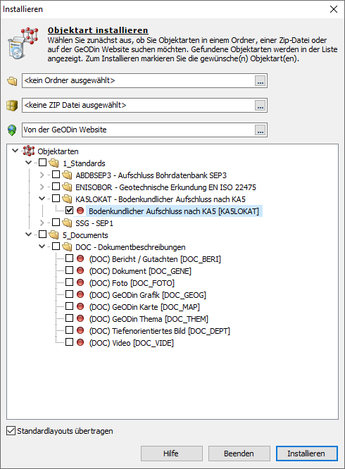 Dialog zur Installation von Objektarten in GeODin