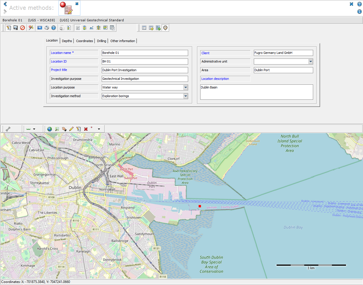 General data mask of the object type Universal Geotechnical Standard, with map preview